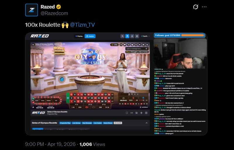 Twitter 100x Roulette Win at Razed